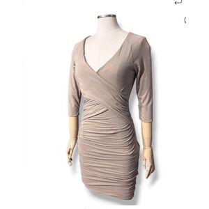 James Perse Standard Taupe Ruched Wrap Bodycon V-Neck 3/4 Sleeve Dress Size 1 S